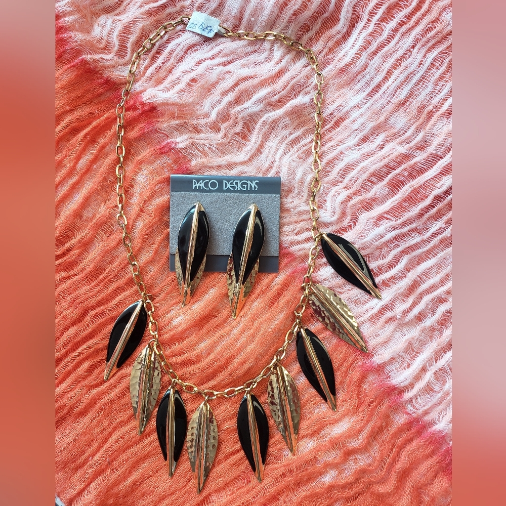 New vintage jewelry necklace earrings set gold black feather dangle Paco Designs